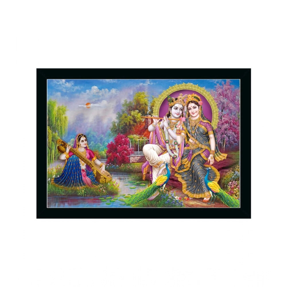 Multicolor synthetic framed Radha Krishna painting with lightweight, water-resistant frame on wall mount. Rectangular 14x20 inch art
