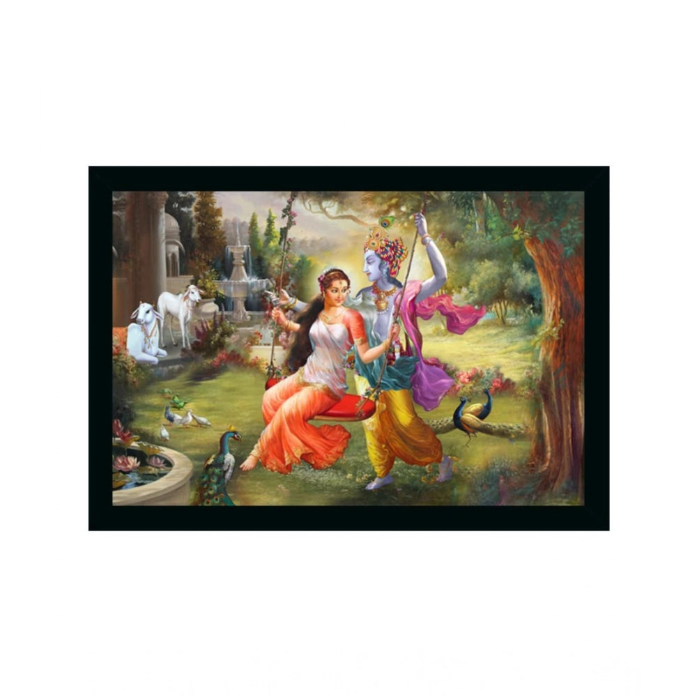 Multicolor synthetic-framed Radha Krishna painting, water-resistant and lightweight for wall mounting (14x20 inches)