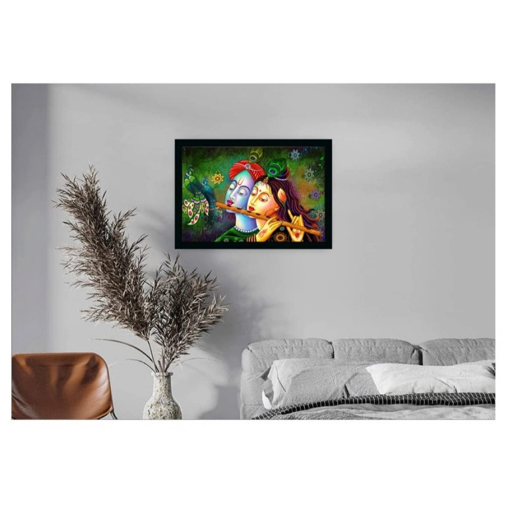 Multicolor, lightweight, water-resistant Radha Krishna painting in vinyl sparkle coating with synthetic frame (14x20 inch rectangular wall mount)