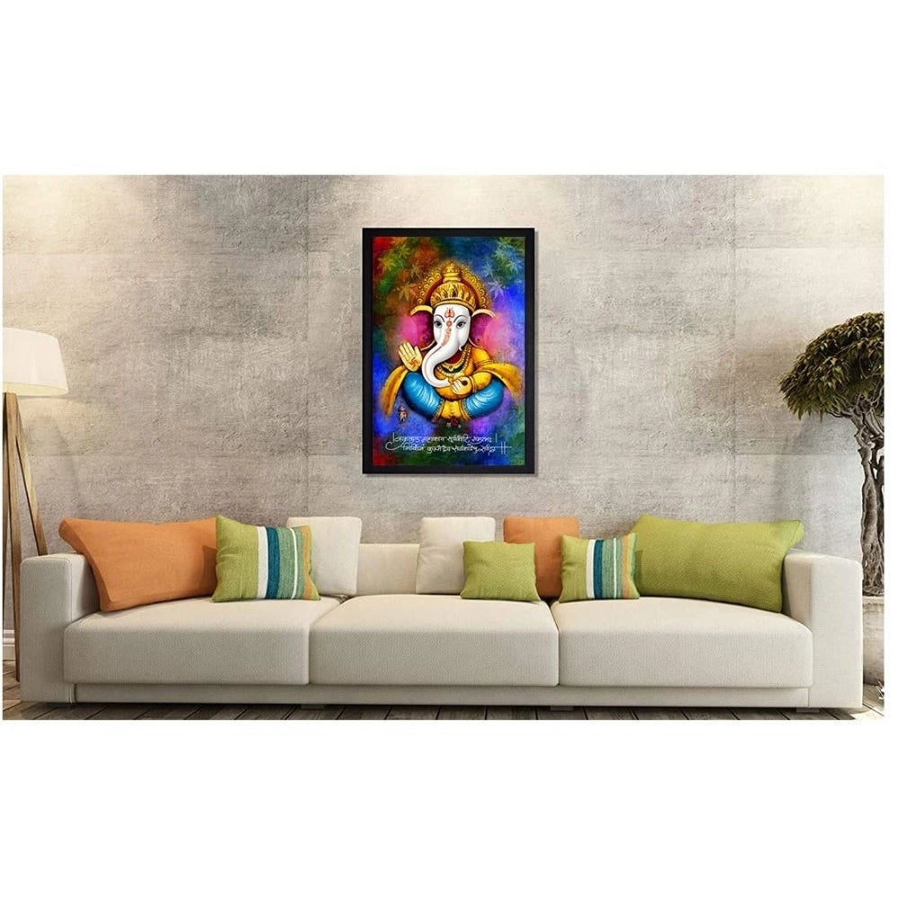 Multicolor synthetic framed Ganesh photo, lightweight and water-resistant, wall mountable on rectangular stand (14x20 inch)