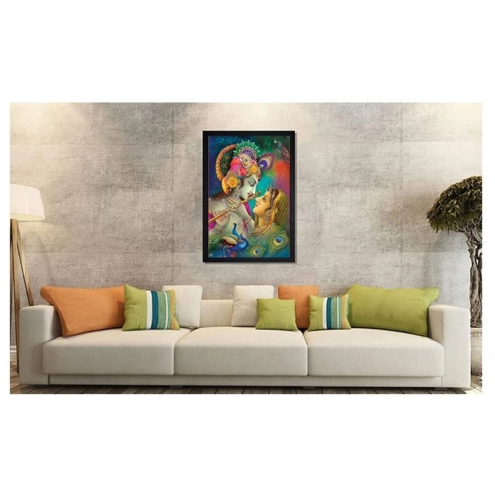 Multicolor synthetic framed Radha Krishna painting, lightweight and water-resistant for wall mounting (14x20 inches)