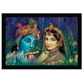 Multi-colored Radha Krishna painting with sparkle coated synthetic frame, lightweight and water resistant for wall mounting (14x20 inches)