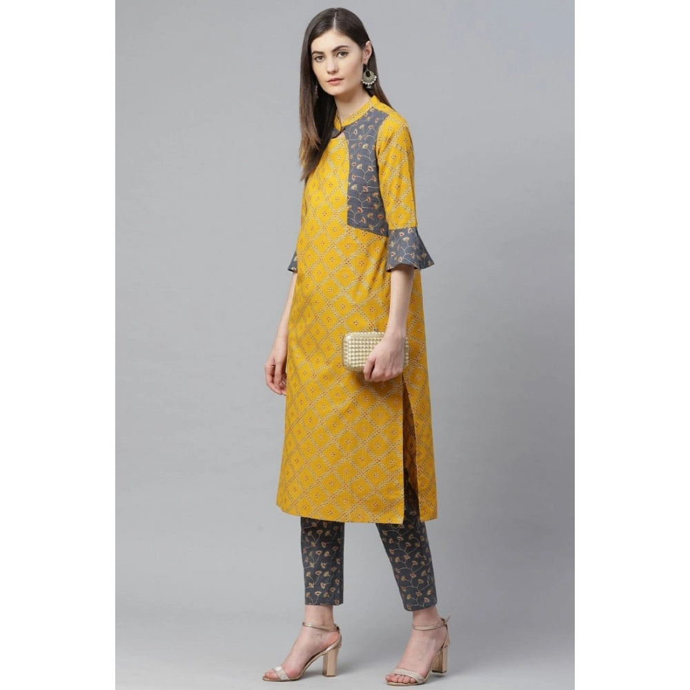 Yellow cotton kurti set with geometrical print, knee-length bell sleeves, mandarin collar