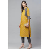 Yellow cotton kurti set with geometrical print, knee-length bell sleeves, mandarin collar