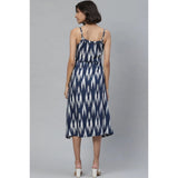 Blue Ikat Print Rayon Casual Dress - Ruffle neck, sleeveless, knee length style