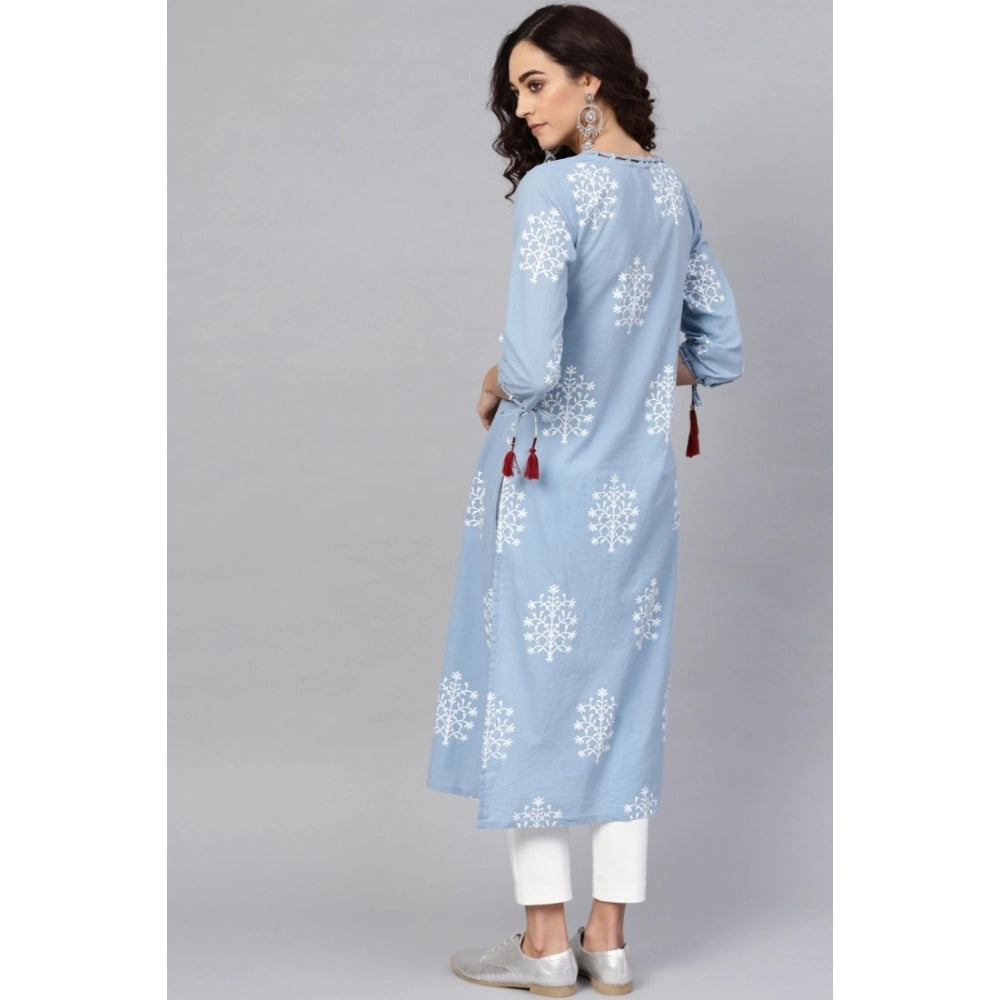 Blue Embroidery Cambric Cotton Women's Casual 3/4 Sleeve Kurti - Calf length, round neck