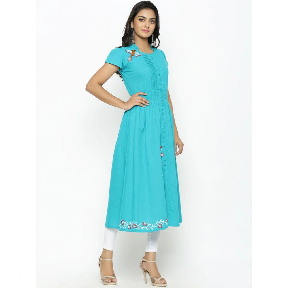 Torque Green embroidered cotton slub kurti for women - casual, short sleeve, calf length, mandarin collar