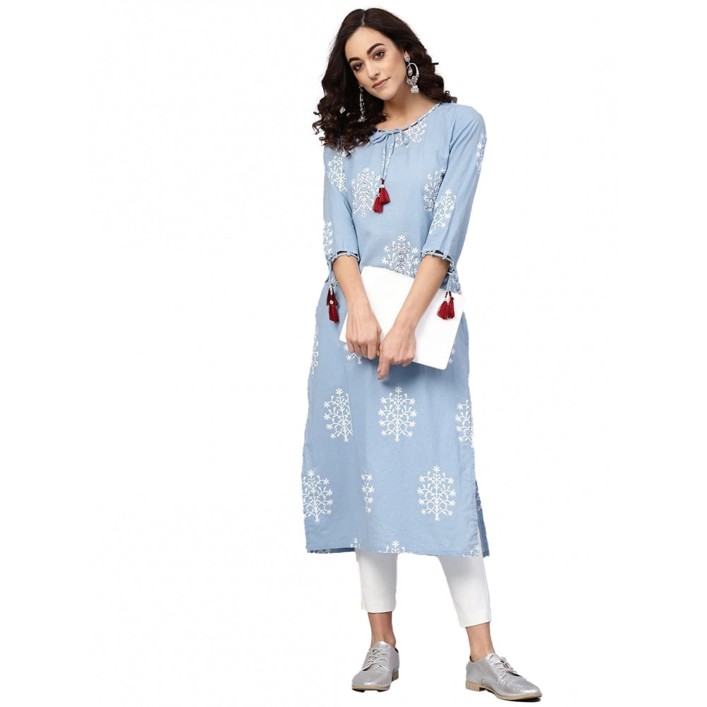 Blue embroidered cambric cotton calf-length kurti with round neck and 3/4 sleeves