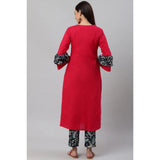 Rani Pink cotton kurti set with floral print & bell sleeves, knee-length, keyhole neck