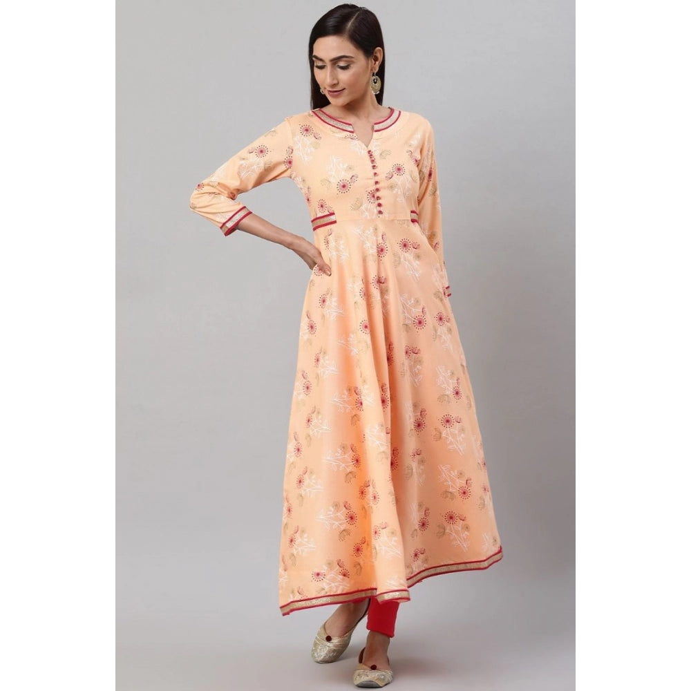 Peach floral printed rayon knee-length V-neck 3/4 sleeve kurti for women