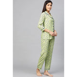 Green floral printed rayon women's night suit set with 3/4 sleeve shirt and matching pyjama pant