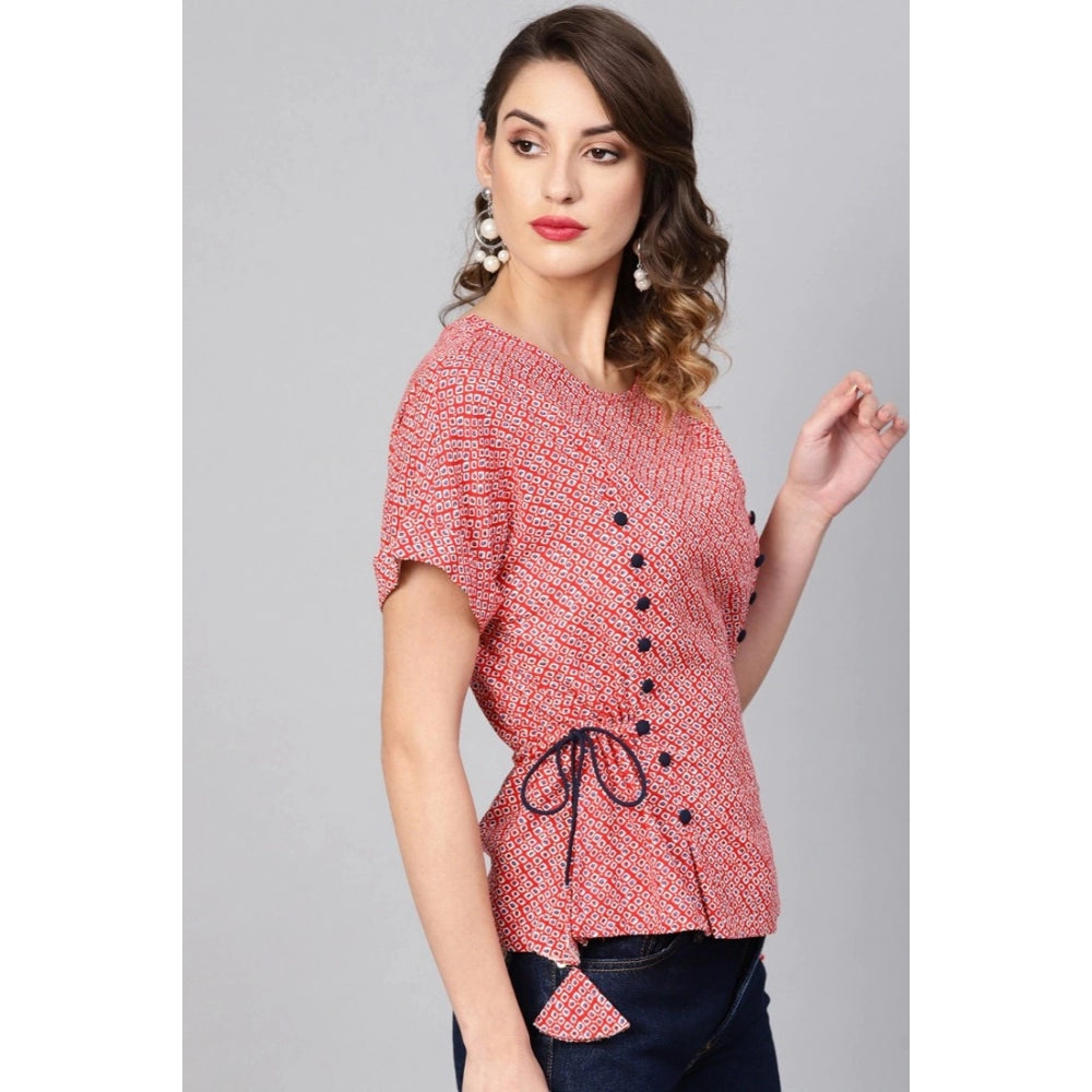Red geometric rayon casual top for women, short sleeves and round neckline