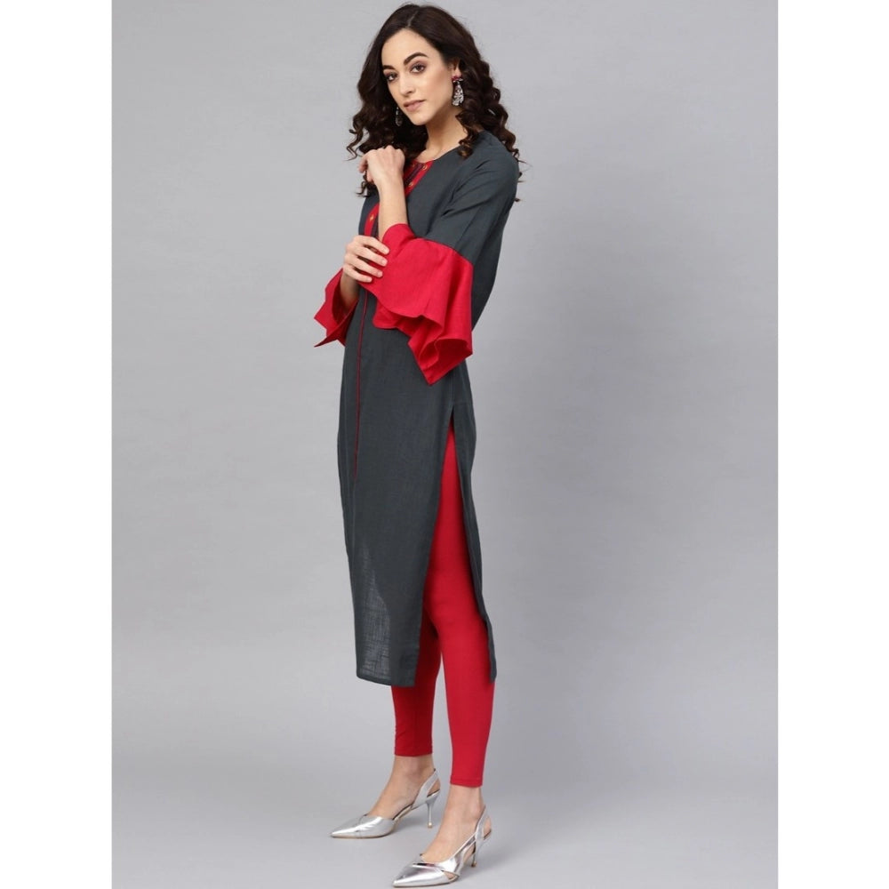 Grey cotton slub kurti with bell sleeves featuring mirror work detail, casual women's wear for Indian fashion