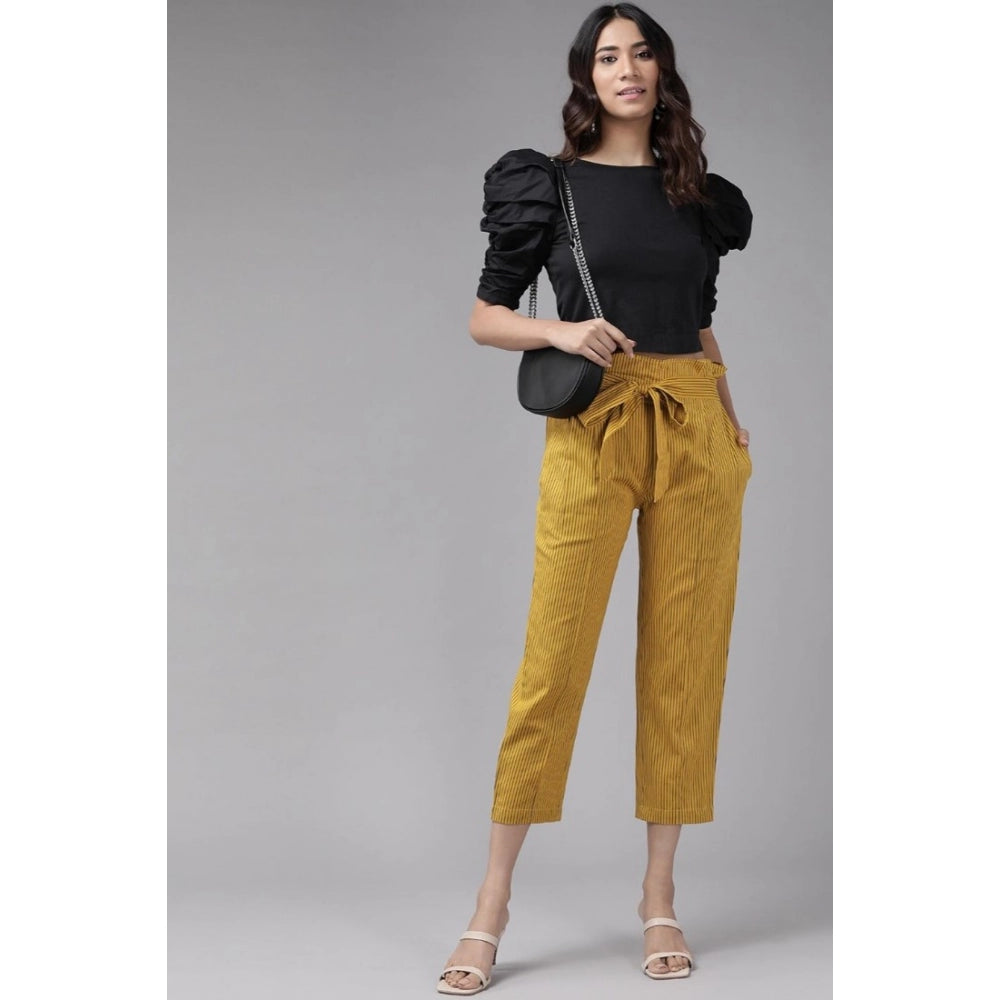 Mustard cotton flex trouser pant for women - printed casual design, ankle length