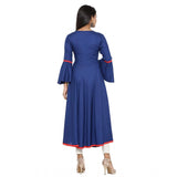 Blue rayon kurti with embroidery, bell sleeves and calf length for women's casual wear