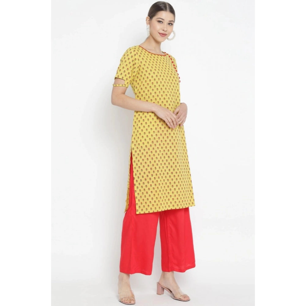 Yellow & Red Floral Printed Cotton & Rayon Kurti Palazzo Set on female model - casual women's knee-length round neck short sleeves palazzo set with floral design