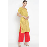 Yellow & Red Floral Printed Cotton & Rayon Kurti Palazzo Set on female model - casual women's knee-length round neck short sleeves palazzo set with floral design