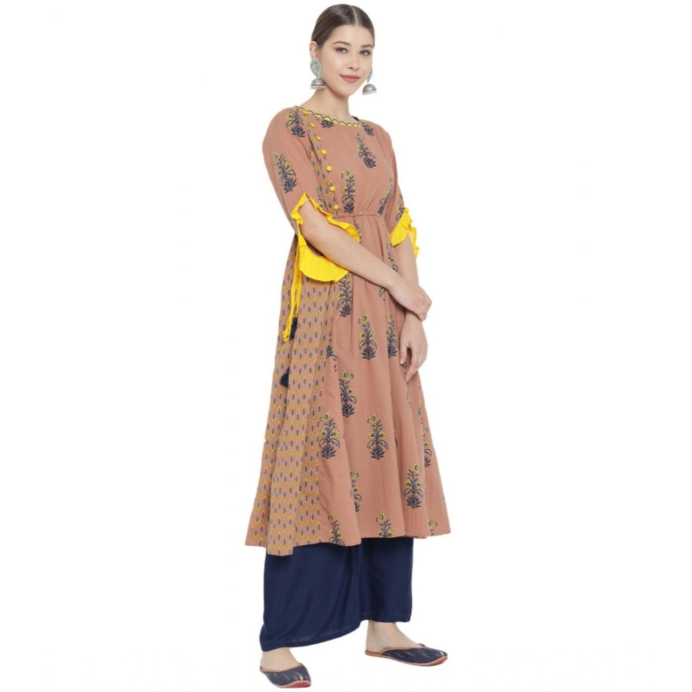 MultiColor floral printed cotton kurti, below knee length with boat neck and 3/4 sleeves