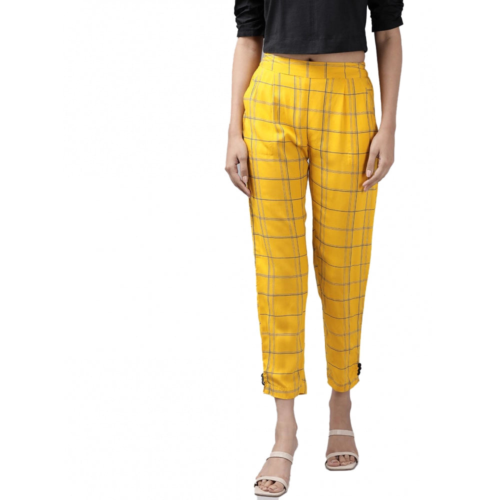 Yellow rayon checked trouser pant for women's casual wear, ankle length style