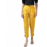 Yellow rayon checked trouser pant for women's casual wear, ankle length style