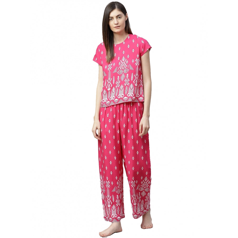 Pink rayon printed pajama set for women, short sleeve, casual style on display