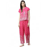 Pink rayon printed pajama set for women, short sleeve, casual style on display