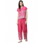 Pink rayon printed pajama set for women, casual short sleeves on display rack