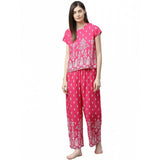 Pink rayon printed pajama set for women, short sleeve casual design