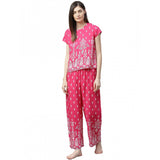 Pink rayon printed pajama set for women, short sleeve, casual style on display