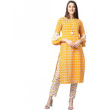 Mustard floral printed cotton women's casual knee-length 3/4 sleeve kurti set