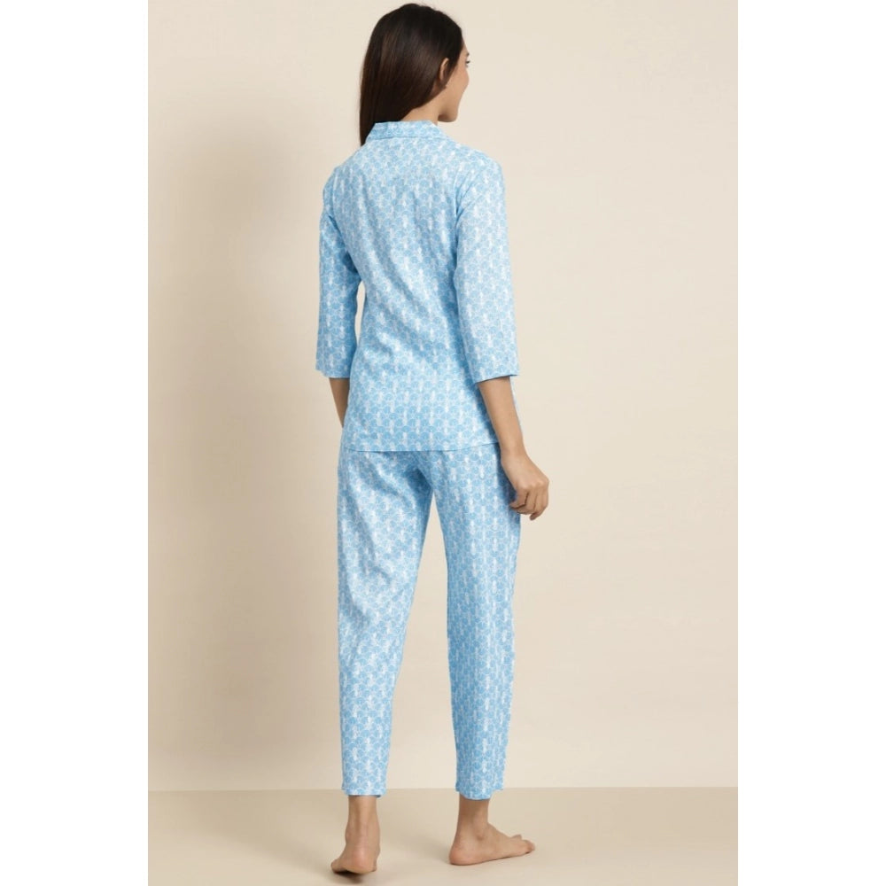 Blue floral print rayon night suit: Women's casual 3/4 sleeve shirt with pyjama pant set