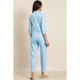 Blue floral print rayon night suit: Women's casual 3/4 sleeve shirt with pyjama pant set