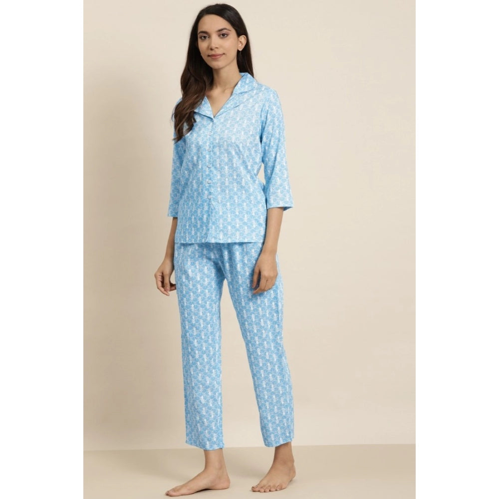 Blue floral printed rayon women's casual 3/4 sleeve shirt set with pyjama pants, night suit on hanger