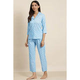 Blue floral printed rayon women's casual 3/4 sleeve shirt set with pyjama pants, night suit on hanger