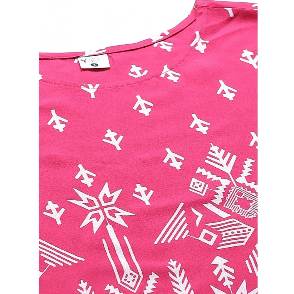 Pink rayon printed pajama set for women, short sleeve and round neck design