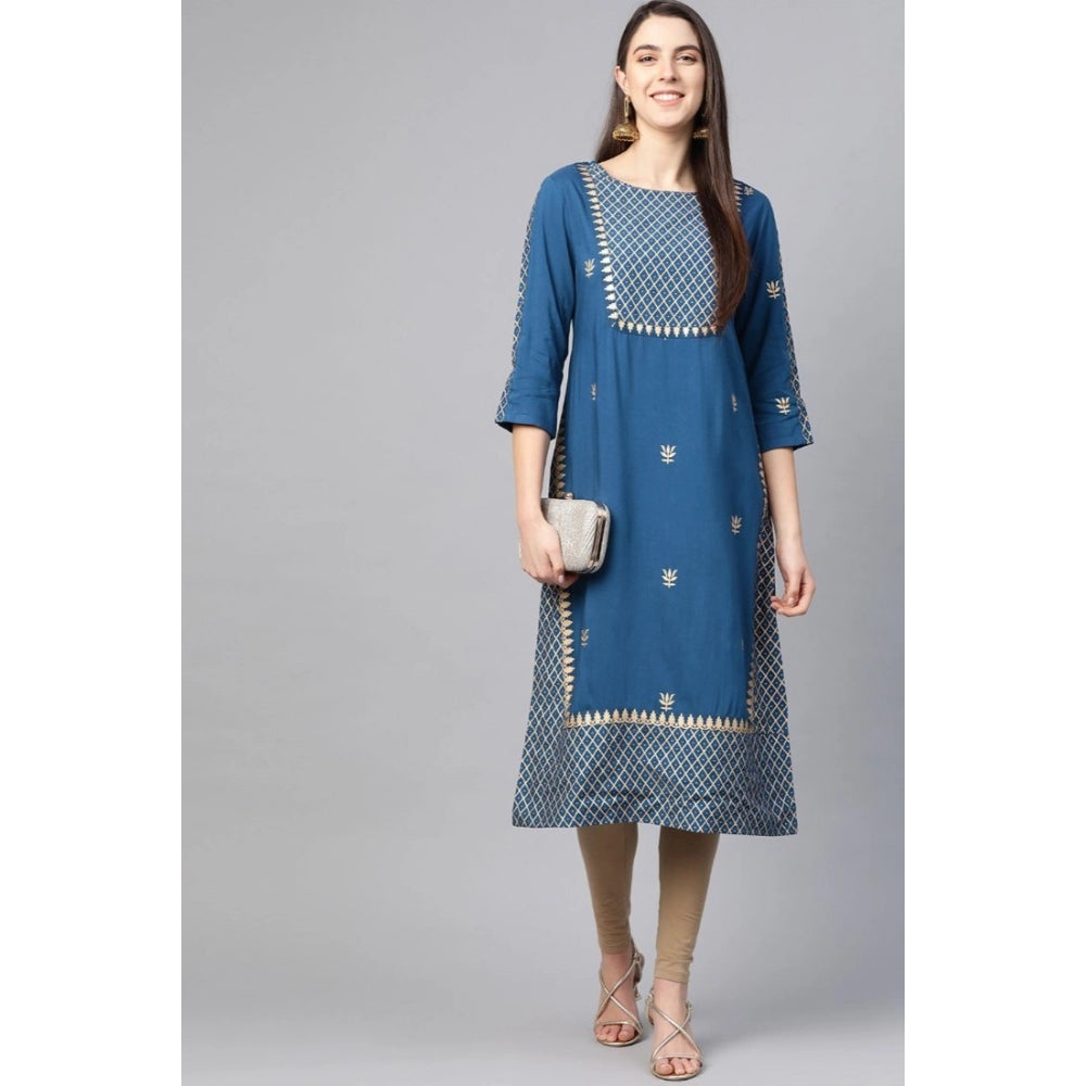 Blue floral printed rayon knee-length 3/4 sleeve kurti for women, round neck, vibrant floral pattern