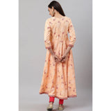 Peach rayon floral printed 3/4 sleeve kurti for women's casual style, knee length V-neck with vibrant floral design