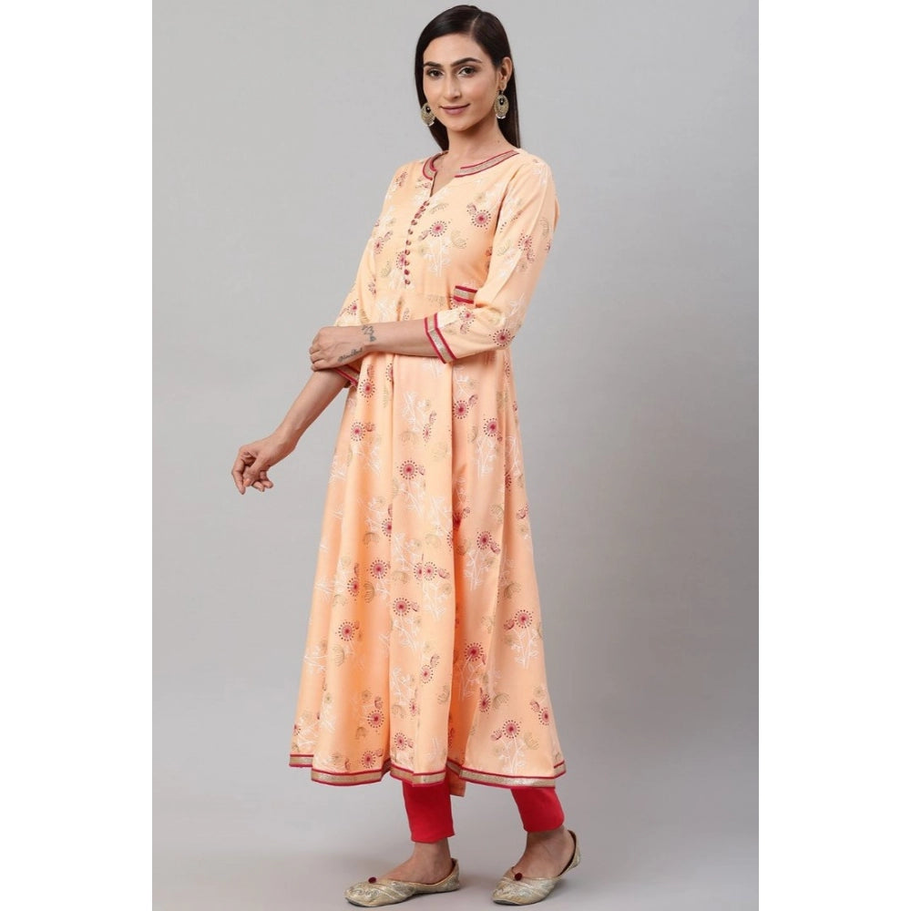 Peach floral printed rayon knee-length V-neck 3/4 sleeve kurti for women