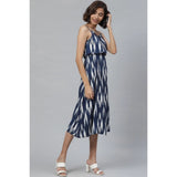 Blue ikat print rayon casual dress with ruffled neck, knee length