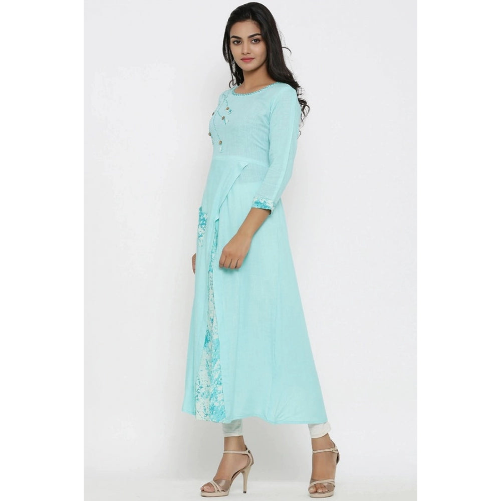Sky Blue embroidered rayon kurti with round neck and 3/4 sleeves