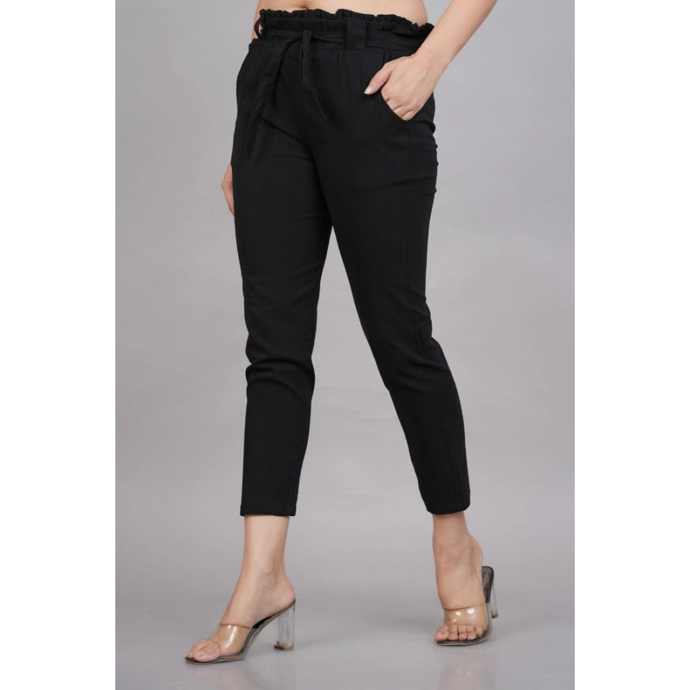 Black lycra ankle-length casual trouser pant for women, solid style