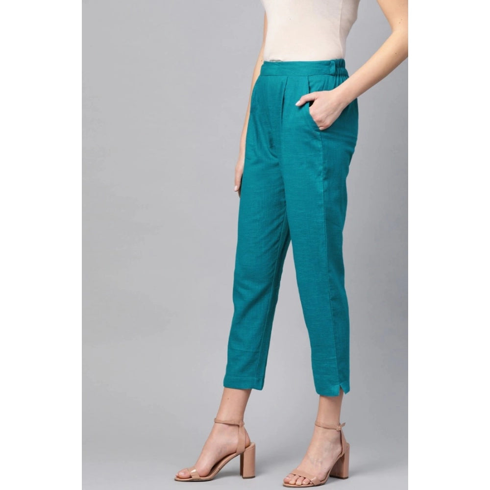 Rama Blue cotton slub trouser pant for women, solid pattern, ankle length style