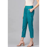 Rama Blue cotton slub trouser pant for women, solid pattern, ankle length style