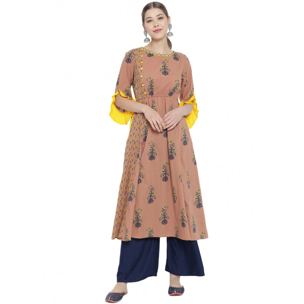 MultiColor floral printed cotton kurti with boat neck and 3/4th sleeves, casual below-knee length for women