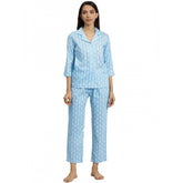 Blue floral printed rayon night suit: women's casual 3/4 sleeve shirt with matching pyjama pant set