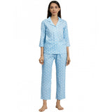 Blue floral printed rayon night suit: women's casual 3/4 sleeve shirt with matching pyjama pant set