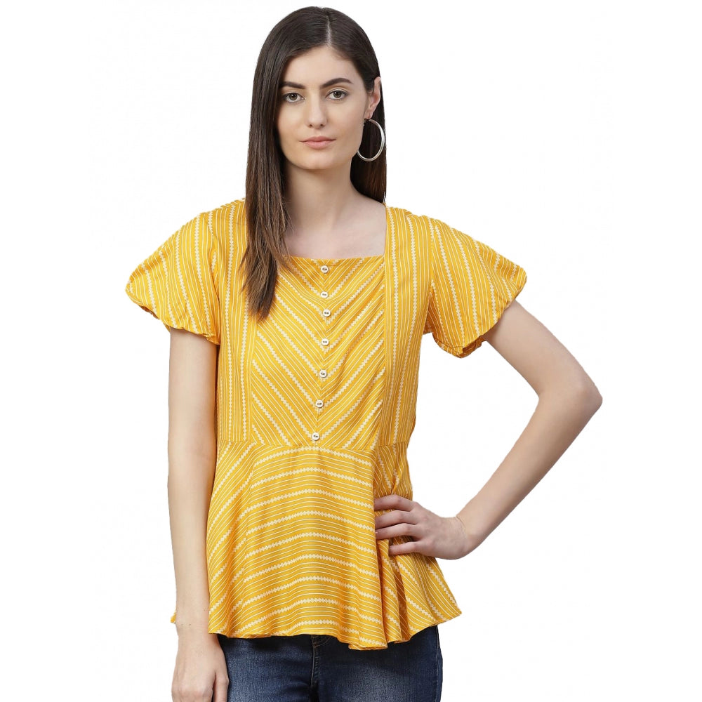Mustard stripe printed rayon top for women's casual wear - short sleeves, square neckline, close-up view
