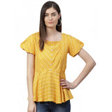 Mustard stripe printed rayon top for women's casual wear - short sleeves, square neckline, close-up view