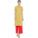 Yellow & Red floral printed cotton & rayon women's casual short sleeves kurti palazzo set