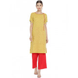 Yellow & Red floral printed cotton & rayon women's casual short sleeves kurti palazzo set